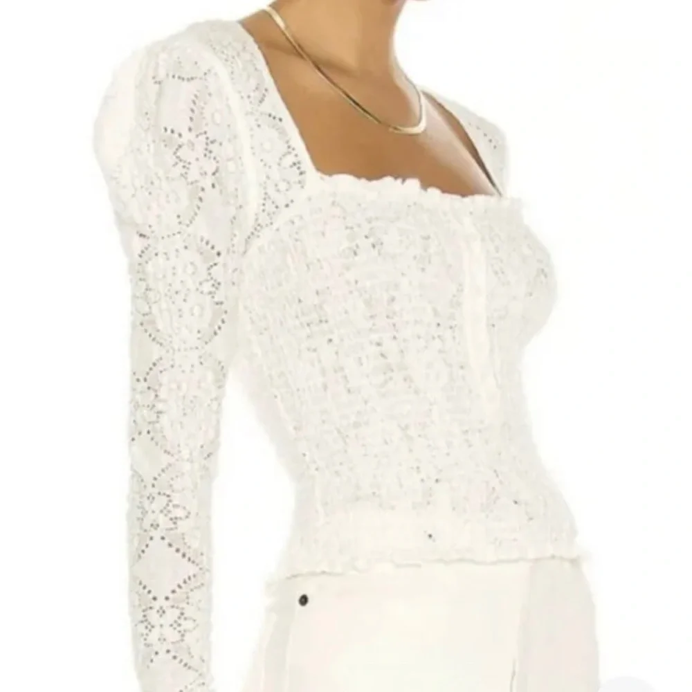 Free People Crochet lace smocked Long Sleeve Low Cut top Cottagecore Prairie Nwt